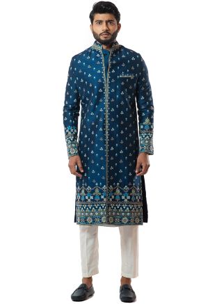 Embroidered Readymade Indo Western Sherwani In Blue
