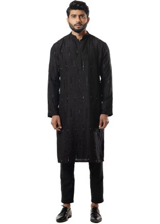 Black Readymade Embroidered Kurta Pajama In Silk