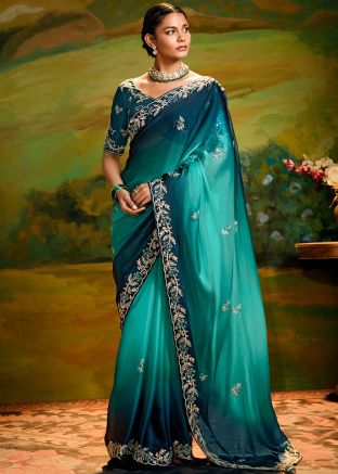 Blue Embroidered Organza Saree