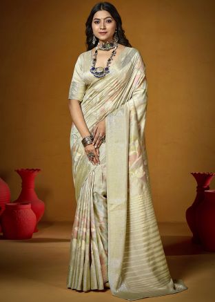 Beige Silk Floral Print Saree