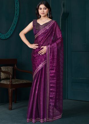 Purple Embroidered Saree In Organza