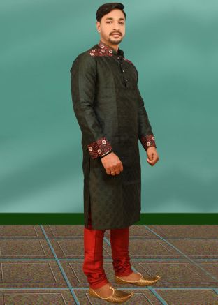 Readymade Green Woven Kurta With Churidar
