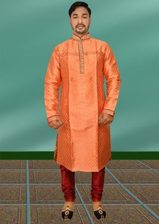 Readymade Woven Kurta Pajama Set In Peach