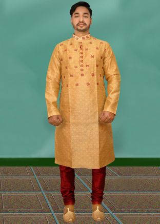 Golden Readymade Woven Kurta With Pajama