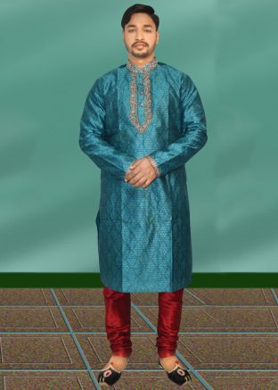Blue Readymade Embroidered Kurta Churidar Set