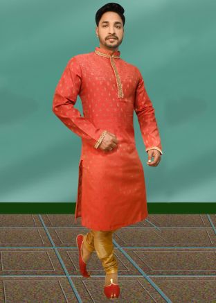 Readymade Woven Kurta Churidar Set In Orange