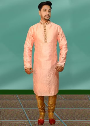 Readymade Pink Woven Kurta Pajama Set