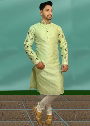 Readymade Green Embroidered Kurta Churidar Set