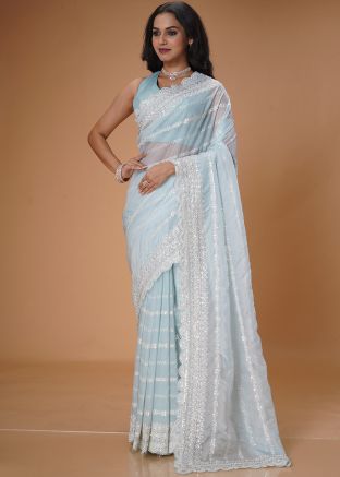 Sky Blue Embroidered Organza Saree
