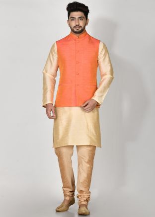 Orange Readymade Mens Plain Nehru Jacket