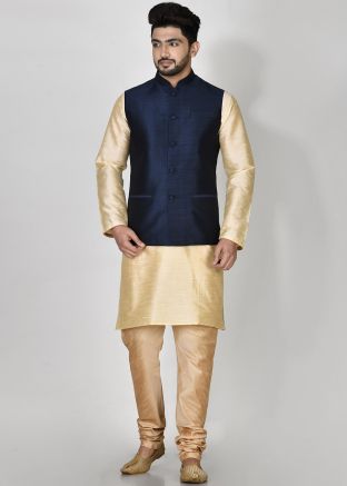 Navy Blue Mens Art Silk Nehru Jacket