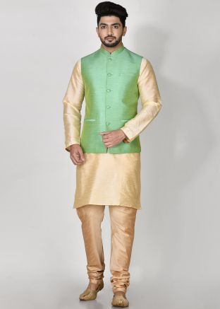 Green Readymade Art Silk Nehru Jacket