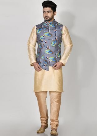 Grey Digital Printed Cotton Nehru Jacket