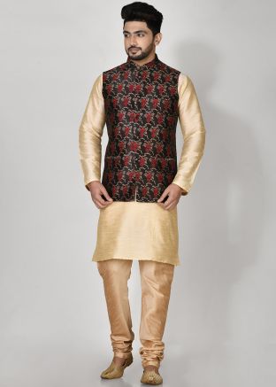 Digital Printed Black Nehru Jacket In Jacquard