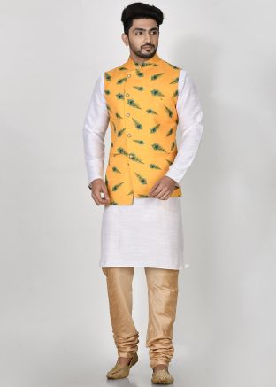 Yellow Digital Printed Nehru Jacket In Art Silk