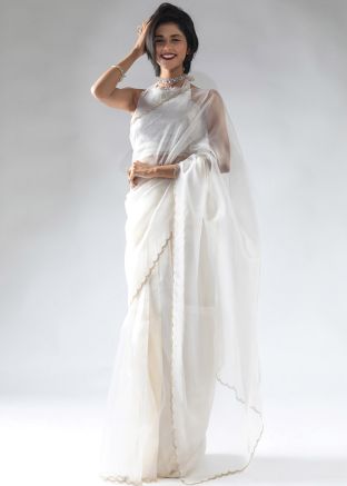 White Pre-Stitched Embellished Border Saree