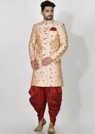 Readymade Cream Embroidered Sherwani With Dhoti