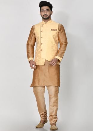 Beige Kurta Pajama Set With Printed Nehru Jacket