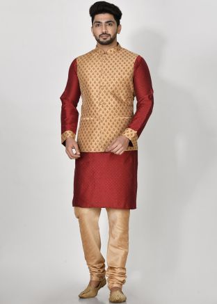 Red Printed Art Silk Kurta Pajama With Nehru Jacket