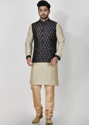Off White Kurta Pajama With Printed Nehru Jacket