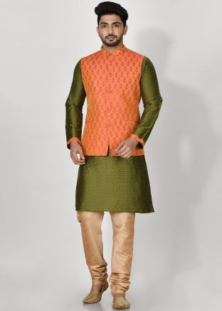 Readymade Green Kurta Pajama With Printed Jacket