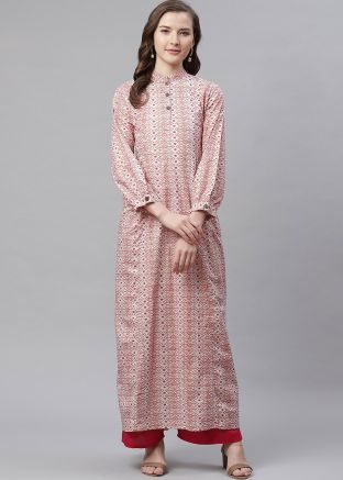 White Readymade Printed Cotton Kurta 