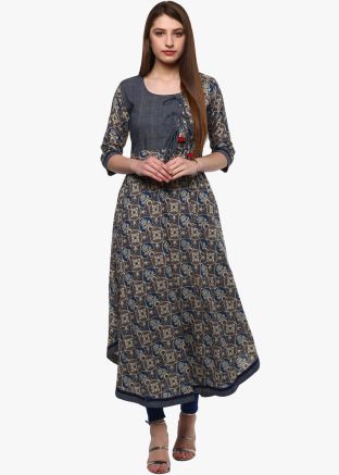 Readymade Printed Grey Cotton Kurta 