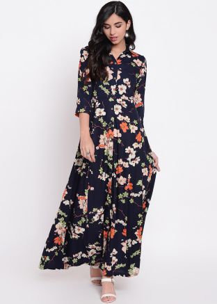 Floral Printed Readymade Navy Blue Rayon Kurta