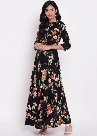 Readymade Floral Printed Kurta In Black