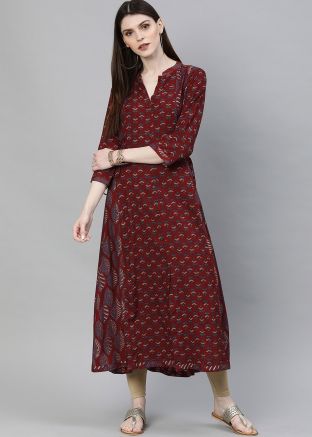 Readymade Printed Rayon Kurta In Maroon