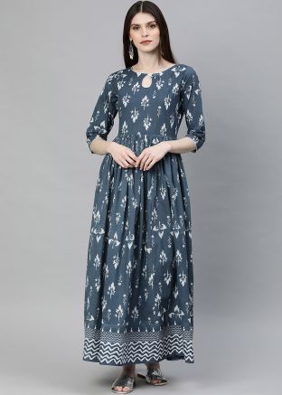 Grey Floral Printed Arakali Style Readymade Kurta