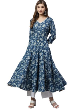 Floral Printed Readymade Blue Anarkali Style Kurta