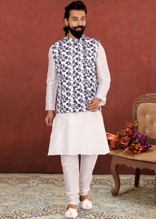 Readymade White Kurta Pajama With Printed Jacket