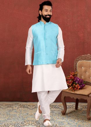 White Readymade Kurta Pajama With Blue Jacket