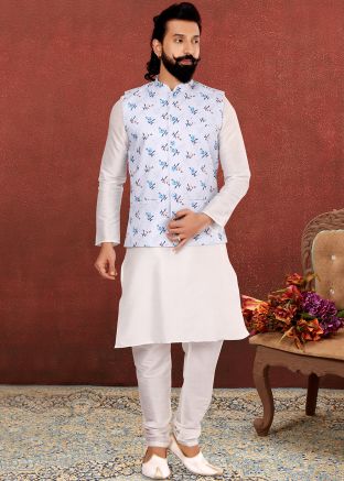 White Readymade Silk Kurta Pyjama With Jacket