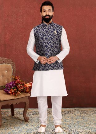 White Readymade Kurta Pyjama With Blue Jacket