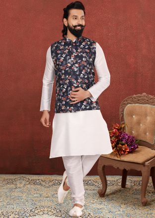 Readymade White Kurta Pajama With Floral Jacket