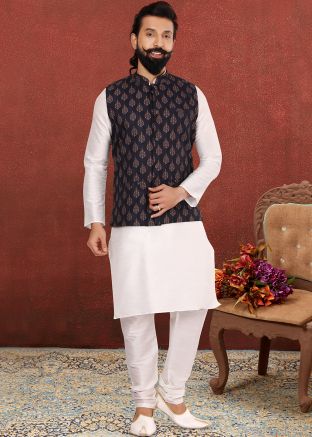 White Readymade Kurta Pyjama With Printed Jacket
