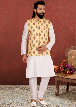 White Readymade Kurta Churidaar With Cream Jacket