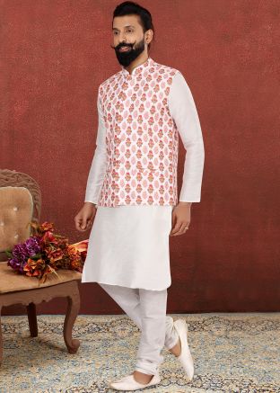 White Readymade Kurta Churidaar With Jacket Set