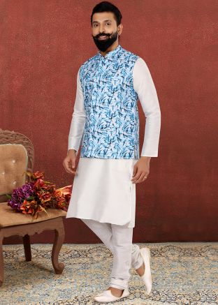 White Readymade Plain Kurta Pyjama With Jacket