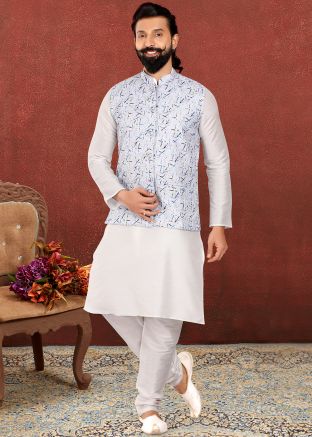 Readymade White Plain Mens Kurta Pajama With Jacket