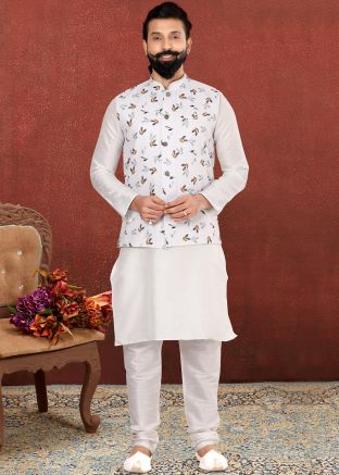 Readymade White Plain Mens Kurta Pajama With Jacket