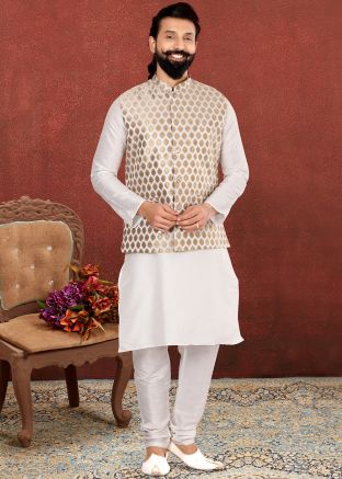 Readymade Mens White Kurta Pyjama With Woven Jacket