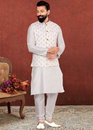 Readymade White Kurta Pyjama With Printed Jacket