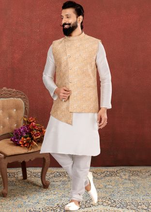 Readymade White Silk Kurta Pyjama With Peach Jacket