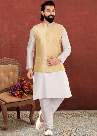 White Readymade Kurta Pajama With Beige Jacket
