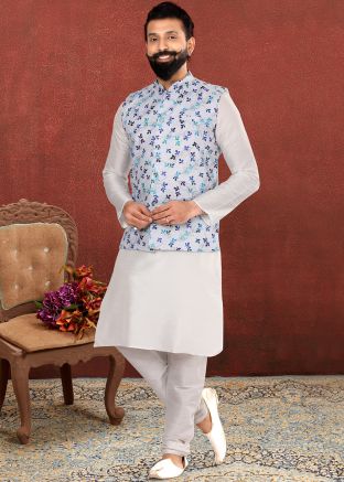 White Readymade Silk Kurta Pajama With Printed Jacket