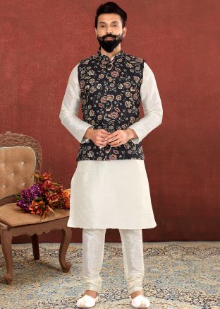 Readymade White Kurta Churidaar With Black Jacket