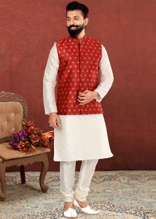 Readymade White Kurta Churidaar With Red Jacket